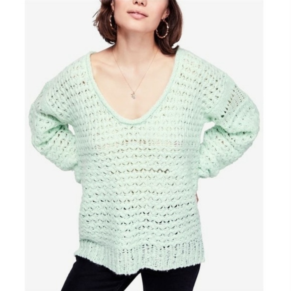 EUC Free People Crashing Waves Oversized Chunky Pullover Sweater Sea Mist Large